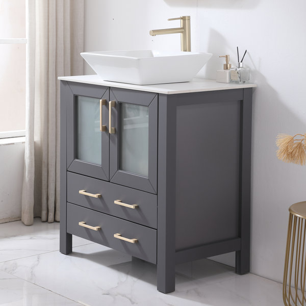 Ivy Bronx Granjeno 30''Dark Gray Vessel Modern Single Bathroom Vanity with Ceramic Vanity Top ...